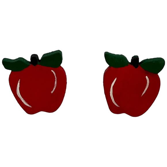 Hand Painted Wooden Red Apple Earrings Teacher Gift Vintage Style Post Earrings - Picture 2 of 8